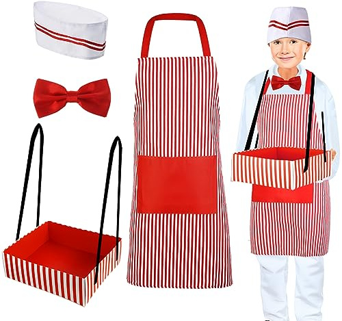 SATINIOR 4 Pcs Waiter Costume Hot Dog Soda Jerk Popcorn Ice Cream Cosplay Costume for Carnival 1950s Movie Night Circus Party(Stripe)