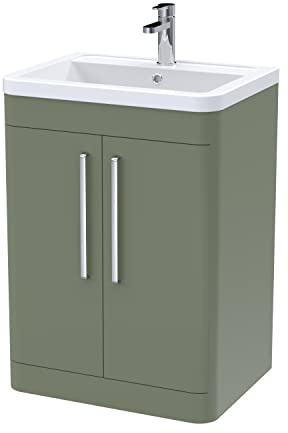 nuie FPA810A Parade Modern Bathroom Floor Standing 2 Door Vanity Basin Cabinet with Ceramic Basin, 600mm, Satin Green