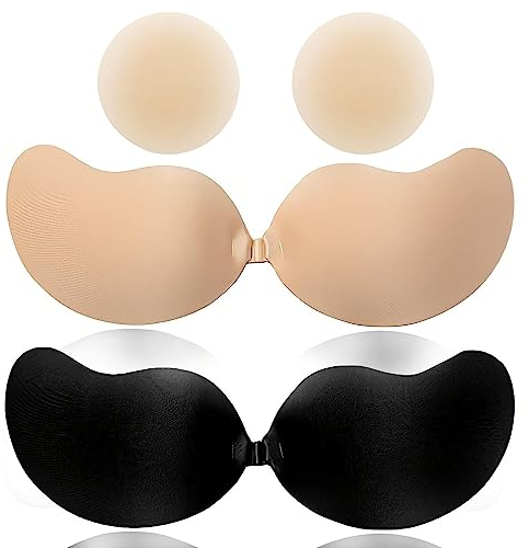 FITAVEN Klebe BH, Silikon Trägerloser Unsichtbarer, 2 Stück+1 Paar Rückenfrei Nippelpads Ultra dünn und Selbstklebende Nippel Cover Hautfreundliche Bras-B, M, Beige+black