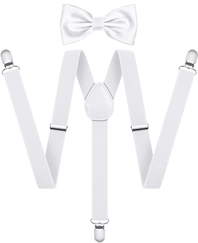 AOOWU Hosenträger für Herren, Breit 2.5 cm mit sehr Starken 3 Metall Clip, 2er Set mit farblich passender Fliege, Einstellbar und Elastisch Einheitsgröße für Männer und Damen, X Style (Weiß)