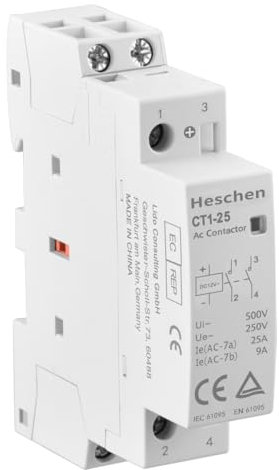 Heschen Contactor AC para el hogar, CT1-25, Ie 25 A, 2 pines, dos normales abiertos, voltaje de bobina DC 12V, montaje en carril DIN de 35mm