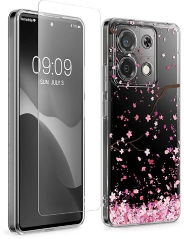 kwmobile Hülle kompatibel mit Xiaomi Redmi Note 13 Pro 5G / Poco X6 5G Handyhülle - Silikon Case transparent - Mit Glas Schutzfolie - Kirschblütenblätter Rosa Dunkelbraun Transparent