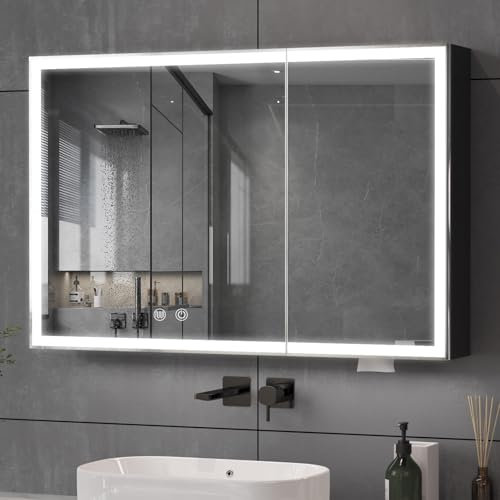 Buildonely Spiegelschrank Bad mit Beleuchtung 90 x 60 cm, Spiegelschrank Bad mit LED Beleuchtung, Badschrank mit Antibeschlag-Funktion und Spiegel, Touchscreen-Steuerung, Schwarz, Aluminiumlegierung