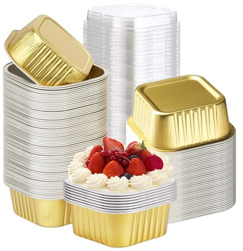 SXCCNW Mini Loaf Cake Cases, 50 PCS Mini Loaf Pans with Lid, 150 ml Aluminum Loaf Cake Cases, Foil Baking Pans Reusable Aluminum Baking Cups for Wedding Picnic or Birthday Gold