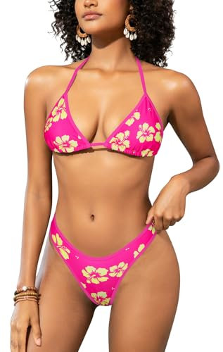 SHEKINI Femmes Halter Triangle Bikini Set V - Cut Taille Haute Maillot de Bain String Maillot de Bain brésilien（M，Petite Fleur Rose）