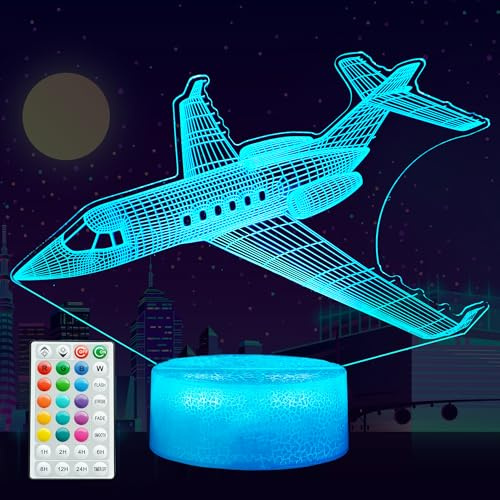 POSSHE Flugzeug Nachtlicht, Flugzeug Geschenke, Avation 3D Illusion Nachtlicht mit 16 Farben ändern, Fernbedienung mit Timer, Kinderzimmer Dekoration für Urlaub Geburtstag Weihnachten