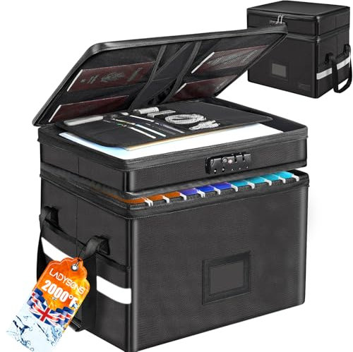 Fireproof Document Box, 2-Layer File Box Storage Organizer with Lock and Handle, Collapsible File Organiser, Portable Home Office Safe File Storage for Letter/Legal Folder (Black, 13.6x15.6x12.2in)