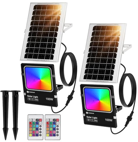 Aigostar - 100W Foco Solar Exterior RGB con Mando a Distancia, 8000mAH Batería de Gran Capacidad y Gran Panel Solar. Impermeable IP66. Proyector LED para Interior y Jardín, Patio, Camino, 2Uds