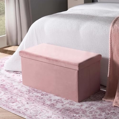 OHS Rectangle Ottoman Storage Box, Matte Velvet Padded Foldable Bench with Hidden Storage & Lid Upholstered Footrest For Living Room & Bedroom Space Saving Organising Box, Pink