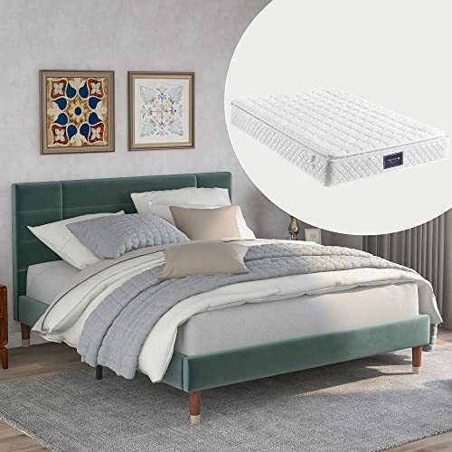 OKMYHOME Doppelbett, 140 x 200 cm – Polsterbett mit Lattenrost – Samt – mit Matratze – Grün