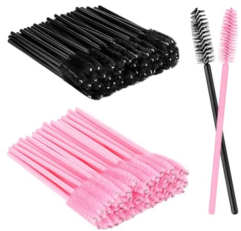 BUTBU 100 Pezzi Pennello per Ciglia, Pennello per Sopracciglia Monouso, con Manico in Cristallo Scovolini Ciglio, per Extension Ciglia Microbrush per Sopracciglia/Ciglio -Nero+Rosa
