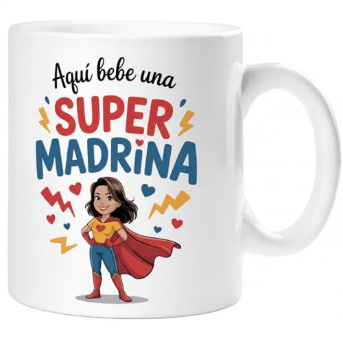 Taza SUPER MADRINA – Regalo Original para MADRINA | Taza de Cerámica 325ml con Diseño Superhéroe | Apta Microondas y Lavavajillas