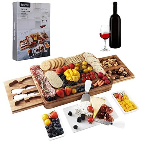Hecef Ensemble de Plateau de Fromage en Bois d'acacia Hecef, Plateau de Fromage carré avec Ensemble de Couverts, Plateau de charcuterie Parfait pour Servir des apéritifs et des Fruits