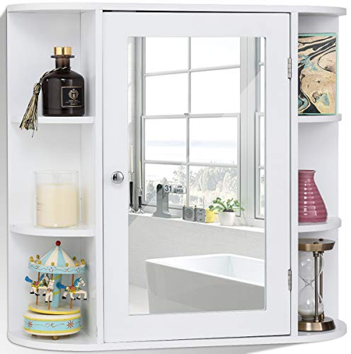 RELAX4LIFE Spiegelschrank, Hängeschrank mit Spiegel & Ablagen, Wandschrank für Badezimmer & Garderobe & Schlafzimmer, hängender Badspiegelschrank mit Tür, bis 20 kg belastbar, 65 x 17 x 63 cm (Weiß)