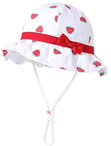 Jueshanzj Chapeau de soleil pour bébé fille en coton avec mentonnière réglable UPF 50+ imprimé cerise, Fraise blanche, 6-12 mois