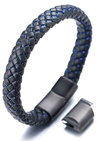 Halukakah Kinder ● Jazz Junior ● Jungen Echtes Leder Handgemachtes Geflecht Schwarz Mix Blau Armband 6-12 Jahre alt. Titan Mattierter Magnetverschluss Größe Einstellbar 18-19.5cm mit Geschenkbox