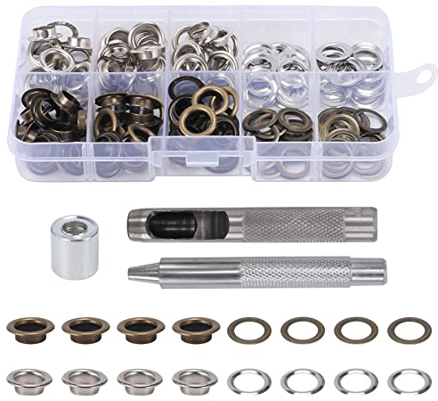 HO2NLE 100 Sets Grommet Werkzeug Kit 8 mm (1/3 Zoll) Ösen Set Ösenzange mit Ösen Metallösen mit 2 Farben Tüllen Einstellwerkzeug Planenösen für Planen Leder Gürtel Stoff Poolabdeckung