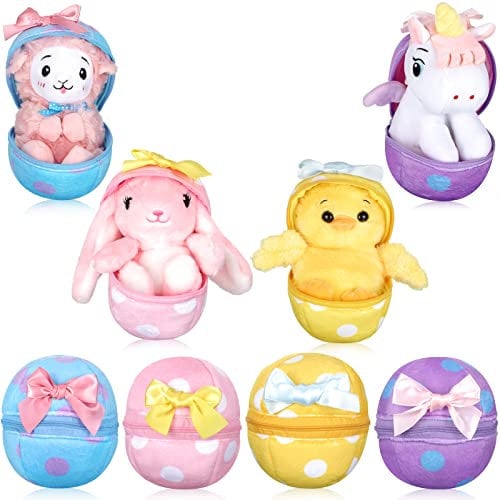 Skylety 4er Pack Ostern Eier Plüschtier 6 Zoll Plüsch Eier mit Lama Einhorn Küken Kaninchen im Inneren für Osterkorb Füllung Geschenke Austausch Party Mitgebsel