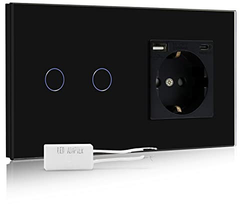 BSEED Dimmer Schalter mit USB Steckdose Anschluss (Max. 2.1A) Typ C Port 2 Fach 1 Weg Led Dimmer Schalter mit Touchscreen Wandsteckdosen mit USB Steckdose Touch Lichtschalter Schwarz