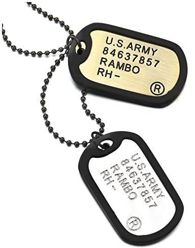 COOLSTEELANDBEYOND Plata y Bronce Clásico Dos Piezas Militar Ejército Dog Tag con Silicona Negro, Collar con Colgante de Hombre, Bola 70CM