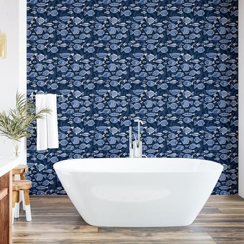 ABAKUHAUS Ozean abziehbare & klebbare Tapete für Zuhause, Tropic Fisch Moss Leaves, selbstklebendes Wohnzimmer Küchenakzent, 33 cm x 180 cm, Blau Indigo Royal Blue