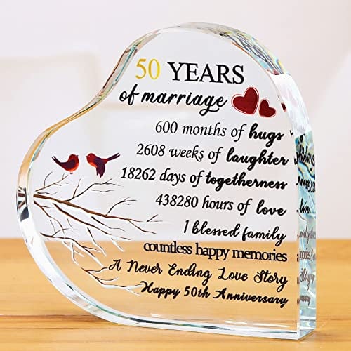 Ornalrist 50th Golden Wedding Anniversary Romantic Gifts for Wife Parents, K9 Crystal Colorful Heart Keepsake Etched 50 Years of Marriage Anniversary Presents for Her Couples Husband Grandparents