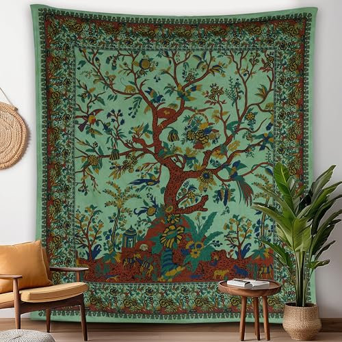 Craft Trade Grün Baum Wandteppich Indische Wandtuch Tapestry Wandbehang Boho Wandteppiche für Heimdeko Wohnzimmer und Schlafzimmer - 213 x 228 cm