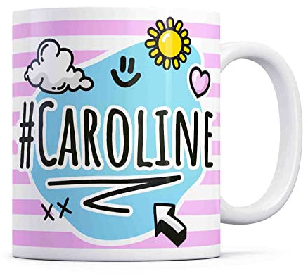 Tazletree Caroline Mug. Pink and Blue Happy Doodle Design Standout Coffee Cup.