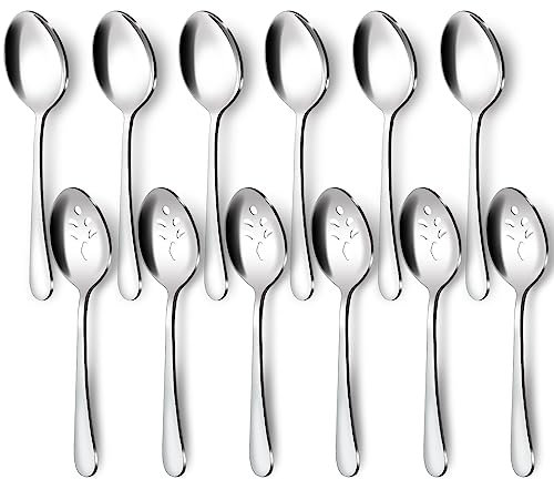 BEWOS 12-teiliges Servierset, 6 Schlitz- und 6 normale Löffel, 23,6 cm Edelstahl, spülmaschinenfest, große Servierlöffel für Buffet