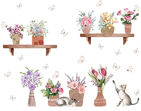 SUPERDANT Plantes en Pot Fleur Stickers Muraux Chat Papillon Amovible Maison Décoration Murale Décoration Murale DIY Vinyle Mural Art pour Chambre Canapé Toile de Fond TV Décoration Murale 2 Feuilles