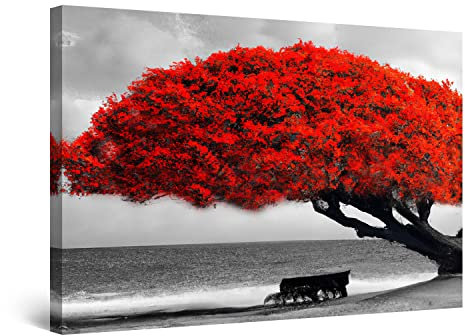 Startonight Quadro su Tela Banco dell'albero Rosso, Stampe Incorniciato e Pronta da Appendere Design Moderno Arredamento Arte Fotografia Grande Formato 60 x 90 cm Luminoso al Buio