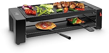 FRITEL Pizza-Raclette-Grill PR 3195 – Tischgrill/Minigrill/Kochplatte – 1200 W – 40 x 20 cm – 8 Pers. + 8Pfännchen & Spatel
