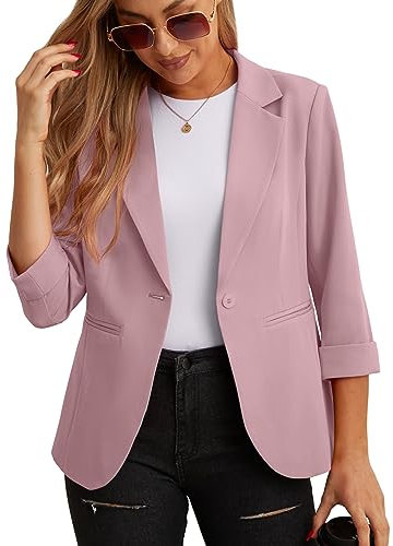 GRECERELLE Blazer élégant à manches 3/4 pour femme - Veste décontractée pour le travail - Blazer de bureau - Veste de costume et blazers avec poches et bouton pour femme, rose, 44