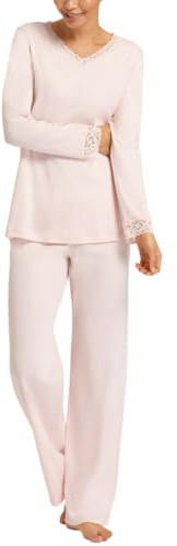 HANRO Moments Damen Schlafanzug Baumwollnachtwäsche – Weiche, Merzerisierte Baumwoll-Interlockqualität mit Feinen Spitzendetails, Langarmshirt & Lange Hose – Komfortabler, Stilvoller und Moderner Look