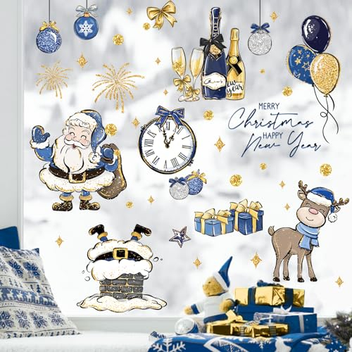 Yovkky 165 Stück Frohe Weihnachten Happy New Year Fensteraufkleber, 9 Blatt, blaue Weihnachtsmann-Elch-Uhr-Aufkleber, Dekoration, Ballon-Feuerwerk, Winterferien, Geschenke, Heimküchendekorationen