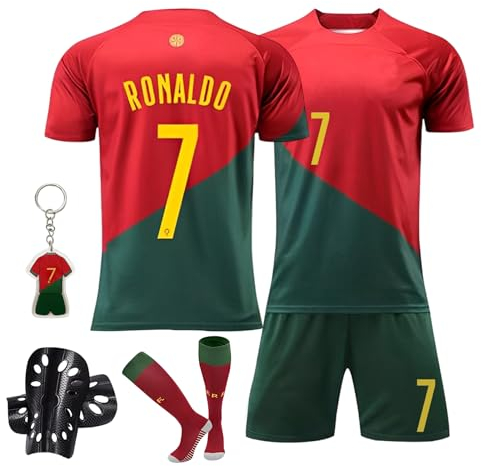 Pardofelis Fußball Trikot für Kinder, Trikot Nr. 7 Fußballtrikots Fussball T-Shirt Shorts Socken und Schienbeinschoner Set, Outdoor Football Jersey für Junge Anzug (Rot Grün, 22)