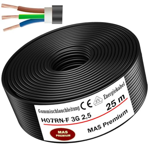 MAS Premium Câble d'Alimentation en Caoutchouc - 5-100 m - H07RN-F 3G 1, 1,5, 2,5, 4, 6, 10 ou 3 x 1,5 - Câble Flexible pour Appareils Lourds - (H07RN-F 3G2,5 mm², 25 m)