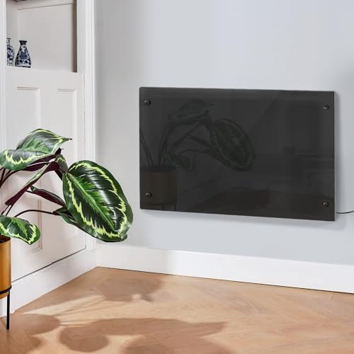 Electric Heater Glass Panel Radiator - Ultra Slim (11cm) - 1Kw-2Kw - Adjustable Thermostat - Wall Mountable or Free Standing - Wall Bracket Included (Black (2000W))