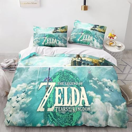 Tanacc 3D Drucken Zelda Bettwäsche Set 135x200,Microfaser Einzelbett 1 Bettbezug Mit Reißverschluss + 1 Kissenbezüge 80x80
