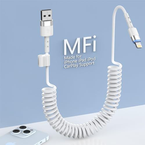Spiral Cable USB A to Lightning Cable, 2 Pack Apple Carplay Cable & Data Sync, Short iPhone Charging Cable, Car iPhone 14 Pro Max/14 Pro/14/13 Pro Max/13 Pro/13/12 Pro/11/Xs/XR/8/Pad