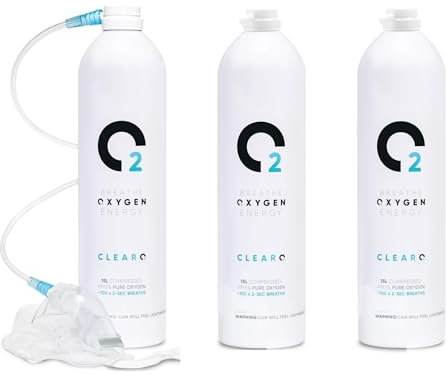 ClearO2 Bomboletta di ossigeno da 15 l con maschera e tubo, ossigeno respiro puro in un contenitore di alluminio leggero, prodotto nel Regno Unito (misto, 15 l (confezione da 1 kit completo + 2