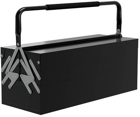 DURHAND Metal Tool Box 3 Tier 5 Tray Professional Portable Storage Cabinet Workshop Cantilever Toolbox with Carry Handle, 56cmx20cmx34cm, Black