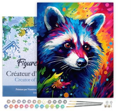 Figured'Art Peinture par Numéro Adulte avec Cadre Raton laveur Coloré Abstrait - Activité Manuelle Kit de Loisir Créatif DIY Numéro d'Art Complet Animaux - 40x50cm toile tendue sur châssis