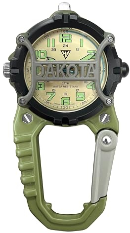 Dakota Cage Clip Microlight mit Käfigklammer, Ansteck Uhr, Outdoor Geschenke für Männer und Frauen, Geeignet zum Angeln, Jagen, Taktische Uhr mit LED Taschenlampe, Karabiner Uhr Grün