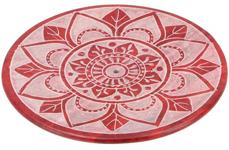 GURU SHOP Indischer Räucherstäbchenhalter Ø 7,5 cm aus Speckstein, Mandala Untersetzer - rot