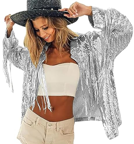 Damen Glitzer Pailletten Jacke Oberteil Silber Metallic Hiphop Langarm Bomberjacke Reißverschluss Fliegenjacke Bikerjacke Outwear Fransen Jacke (01 Silver)