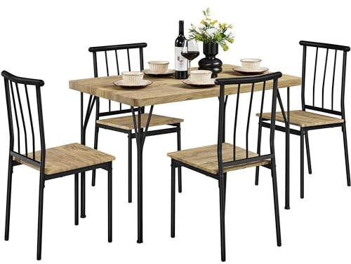 Yaheetech Tavolo da Pranzo con 4 Sedie Industriale Set 5 Pezzi Mobili da Bar Cucina Soggiorno Retro Salvaspazio in Legno e Metallo Marrone Tavolo 110x70x76.5cm Piano Spesso 4cm