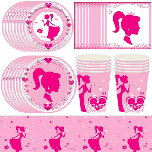 NTEVXZ 51Pcs Barbiprinzessin Party Geschirr, Barbi Thema Geburtstag Partydeko, Teller, Pappbecher, Servietten, Tischdecke, Barbi Kindergeburtstag Partyteller, 10 Gäste