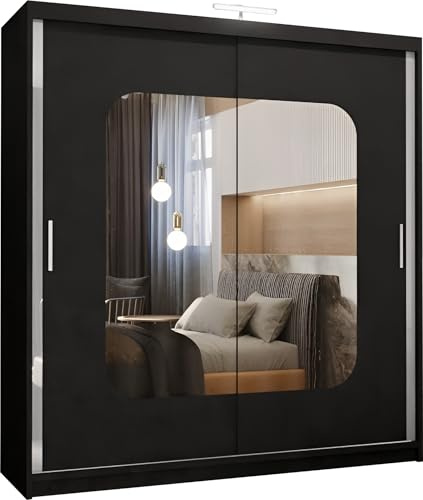 FURNITUREWAVE Alfa Sliding Door Wardrobe with Shelves & Hanging Rails White, Black, Grey & Oak Modern Furniture for Bedroom (120cm/150cm/180cm/203cm) (Black, 180cm)