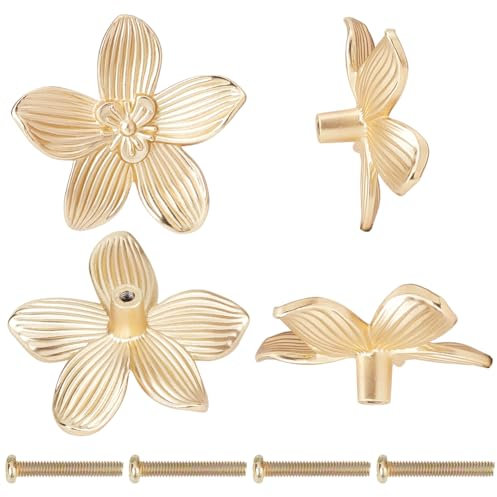 CREATCABIN 6 ensemble Boutons Tiroir Forme Fleur Dorée Boutons D'Armoire Boutons Commode Poignées Tiroir Alliage Poignée Quincaillerie Trou Unique avec Vis pour Cuisine Placard Armoire Porte 56x58.5mm